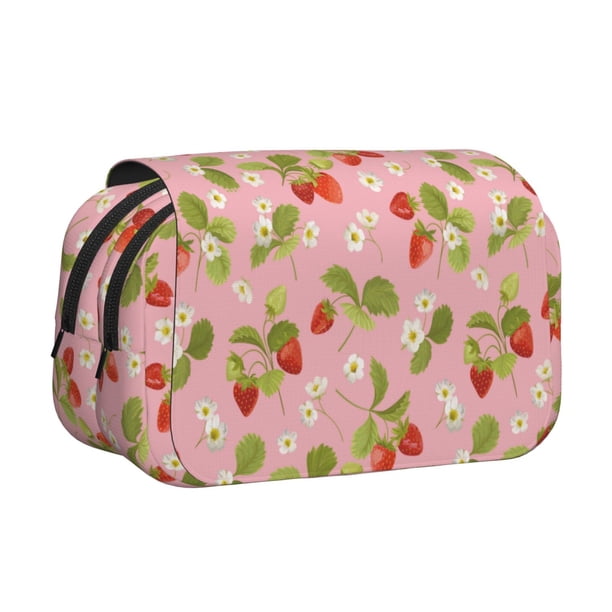Disketp Strawberry Floral Estuche de Lápices de Doble Capa con Tapa Abatible y Cremallera, Organizador Escolar para Adolescentes y Adultos