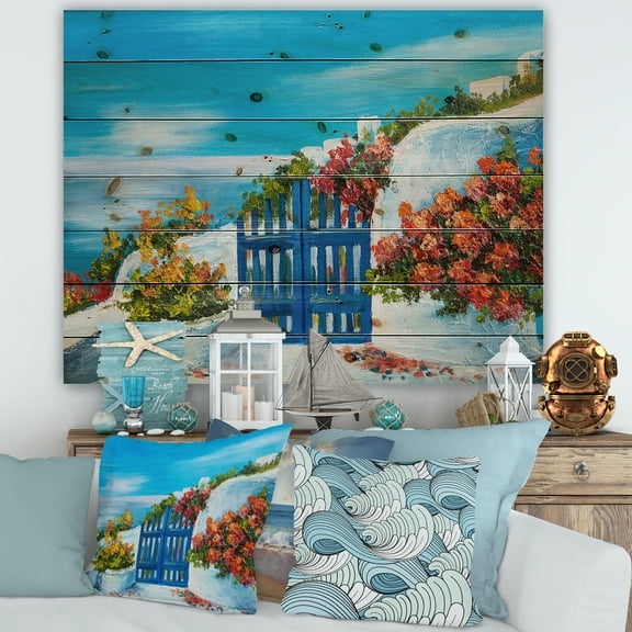 Designart 'House With Colorful Flowers Near The Sea III' Nautical & Coastal Print on Natural Pine Wood