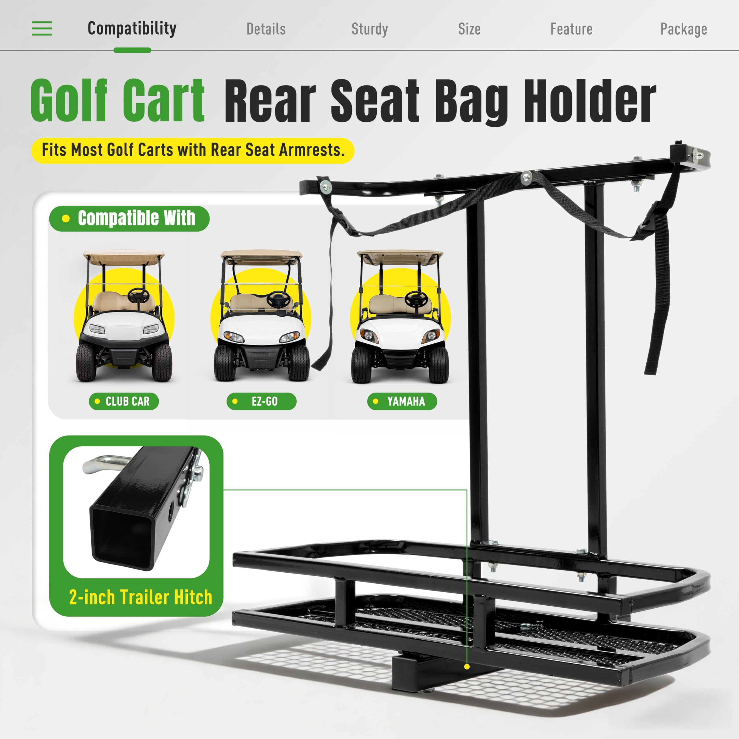 KOJEM Golf Bag Holder Compatible with Club Car/EZGO/Yamaha with 2" Receiver Golf Cart Rear Seat Bag Holder Rack Steel Powder Coated Black