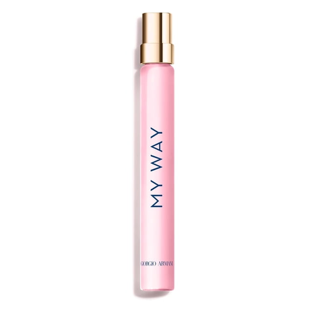 perfume armani beauty my way nectar eau de parfum 10 ml envase spray tubular rosa claro con tapón dorado, vista frontal centrada, rótulo vertical azul "MY WAY" y logo Giorgio Armani en la base, spray 10 ml de bolsillo sobre fondo blanco; suele usarse para retoques rápidos fuera de casa.