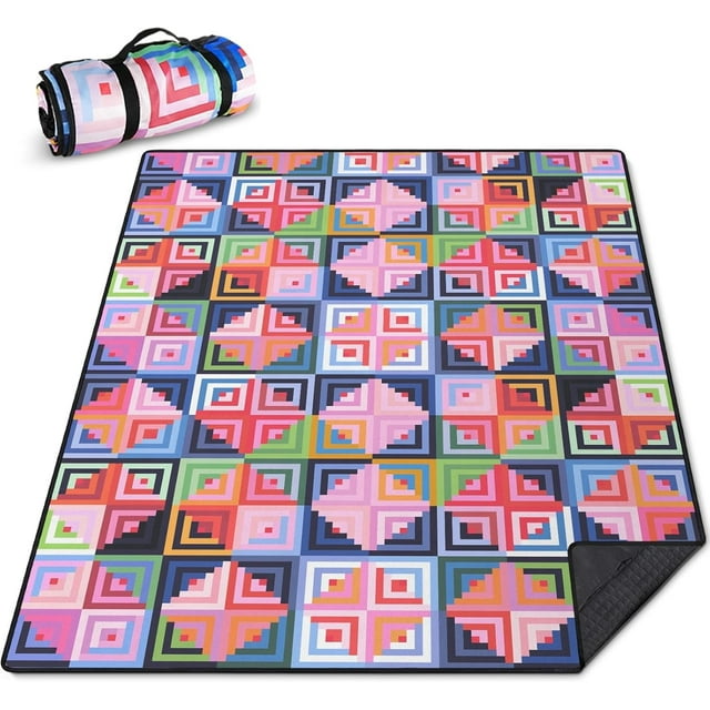 Geometry Picnic Blankets Waterproof Foldable Picnic Blanket 80"x 80" Picnic Mat 3-Layer Thicking Outdoor Picnic Blanket Sandproof Lightweight Beach Picnic Blanket with Strap Machine Washable