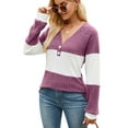 thumbnail image 4 of Deago Women's Color Block Long Sleeve Fall Sweaters Casual Fashion Ribbed Knit V Neck Button Pullover Shirts Tops (Purple, M), 4 of 8