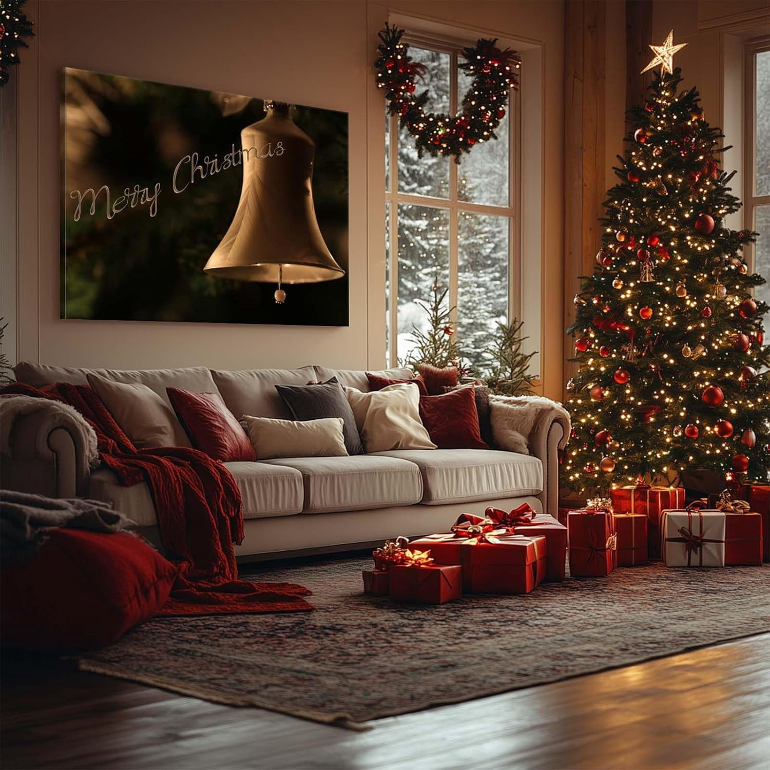 Christmas canvas wall art decor, Festive Merry Christmas Canvas Print, Elegant Holiday Decor for Living Room, Christmas Decorations with Warm Lighting, Ready to Hang Holiday Wall Décor 24X30inch