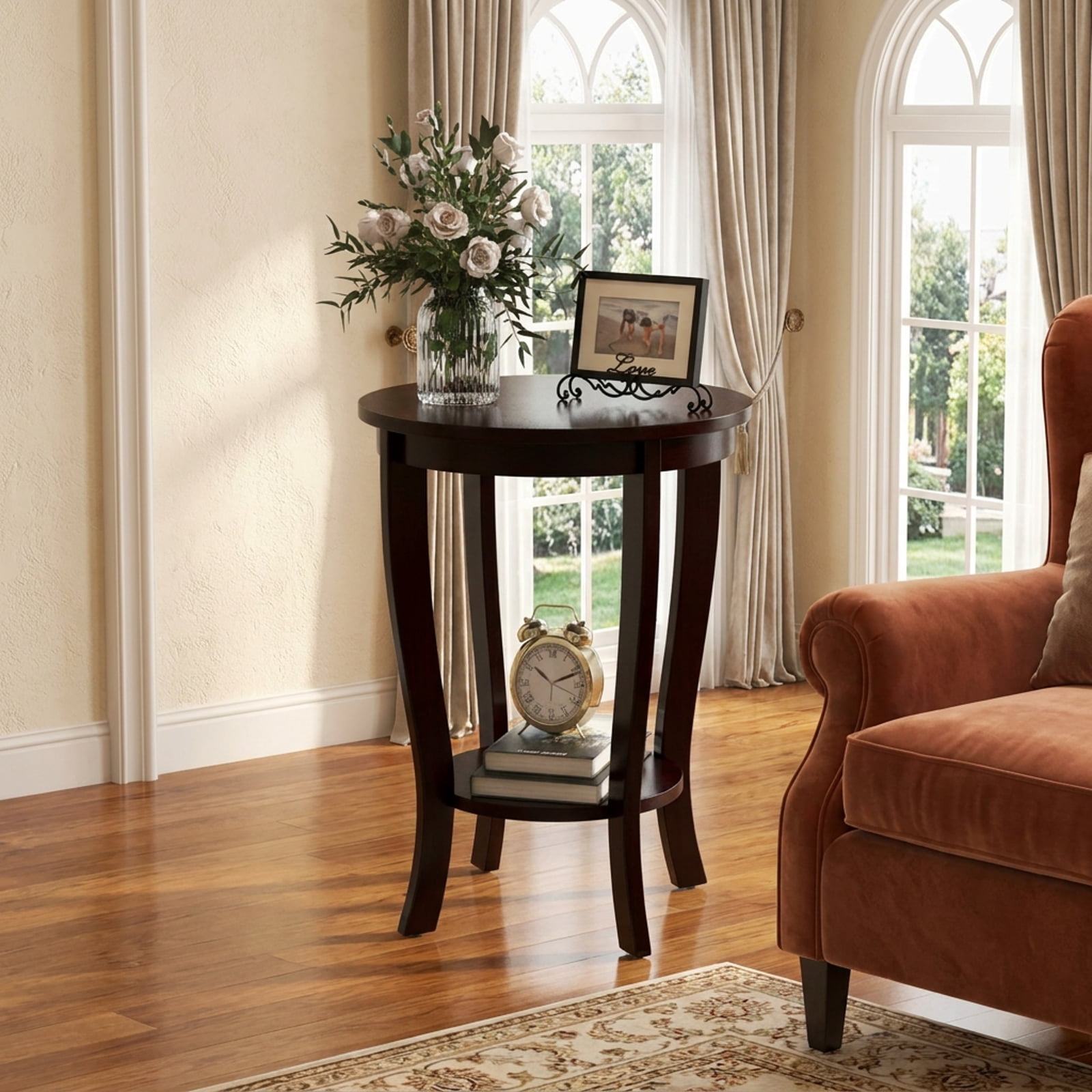 Furnibear 2-tier Round End Table with Solid Wood Legs for Living Room Bedroom Sofa Side Nightstand Small Spaces, Espresso