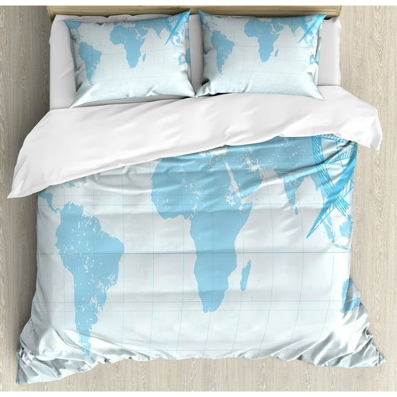 Map Duvet Cover Set, Blue Grunge Background with Vintage World Map and Retro Compass Cartography Exploration, Decorative 3 Piece Bedding Set with 2 Pillow Shams, Queen Size, Pale Blue, by Ambesonne