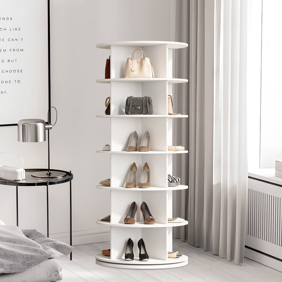 LIZHOUMIL 360° Rotating Shoe Organizer, 6-Tier Spinning Rack, White MDF, 55.9" Tall