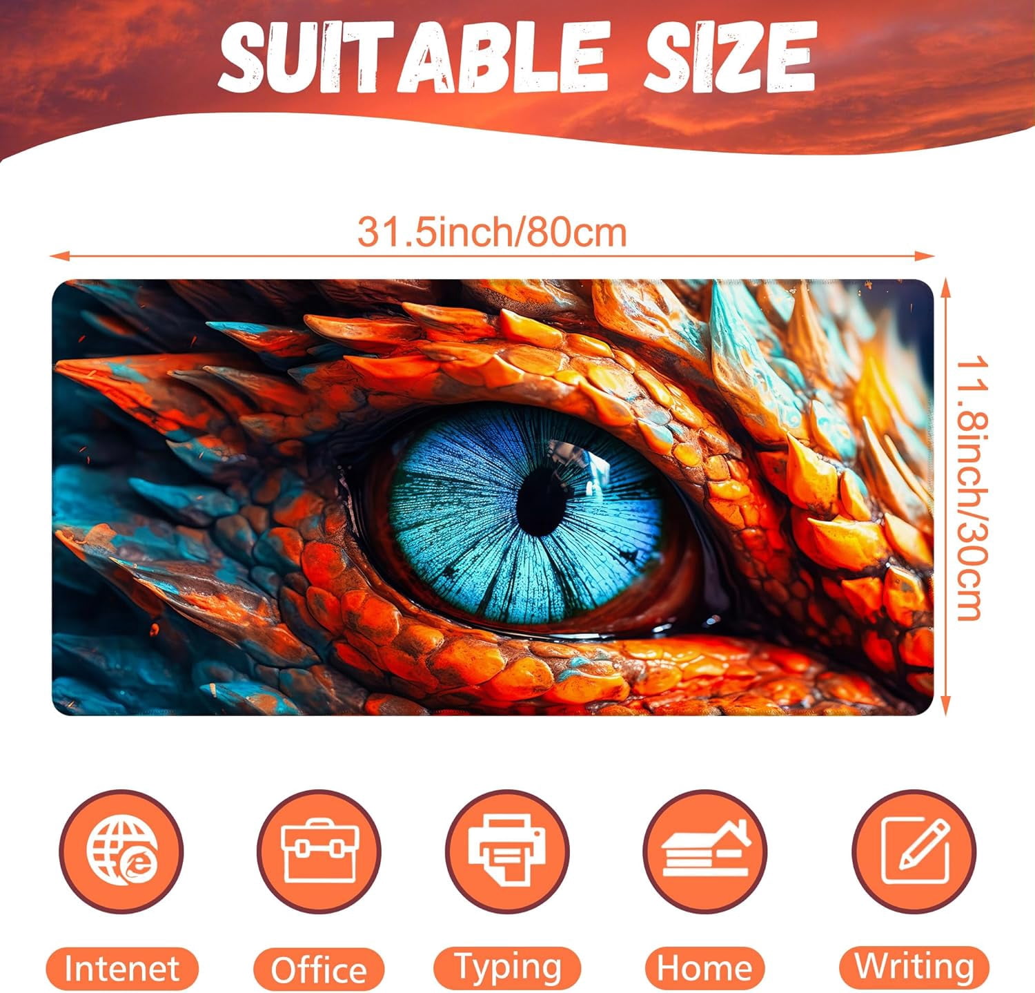 Large Gaming Mouse Pad for Desk, Dragon Blue Eyes Desk Mat, Dragon Eyes Desk Pad, 31.5"x11.8" Extended Big Computer Keyboard Mouse Pad with Non-Slip Base and Stitched Edge