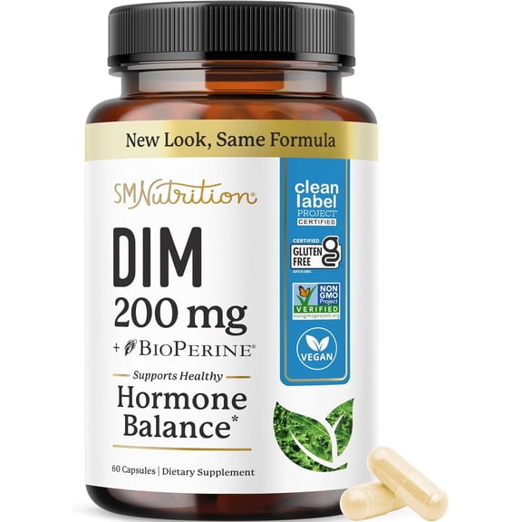 DIM Supplement 200mg | Estrogen Balance for Women & Men | Hormone Balance, Hormonal Acne, Menopause & Antioxidant Support | Clean Label Project Certified | 60 Ct