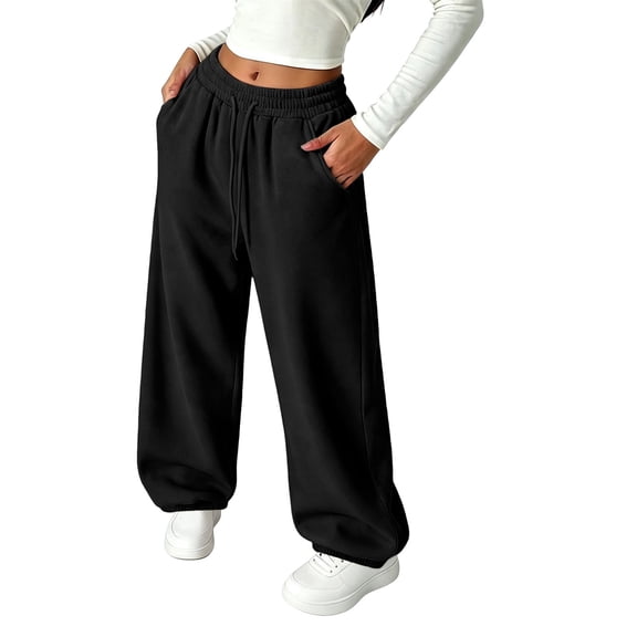 Guluxicc Women's Wide Leg Sweatpants with Pockets Drawstring Elastic Waist Solid Casual Sweatpants for Everyday Fall Winter