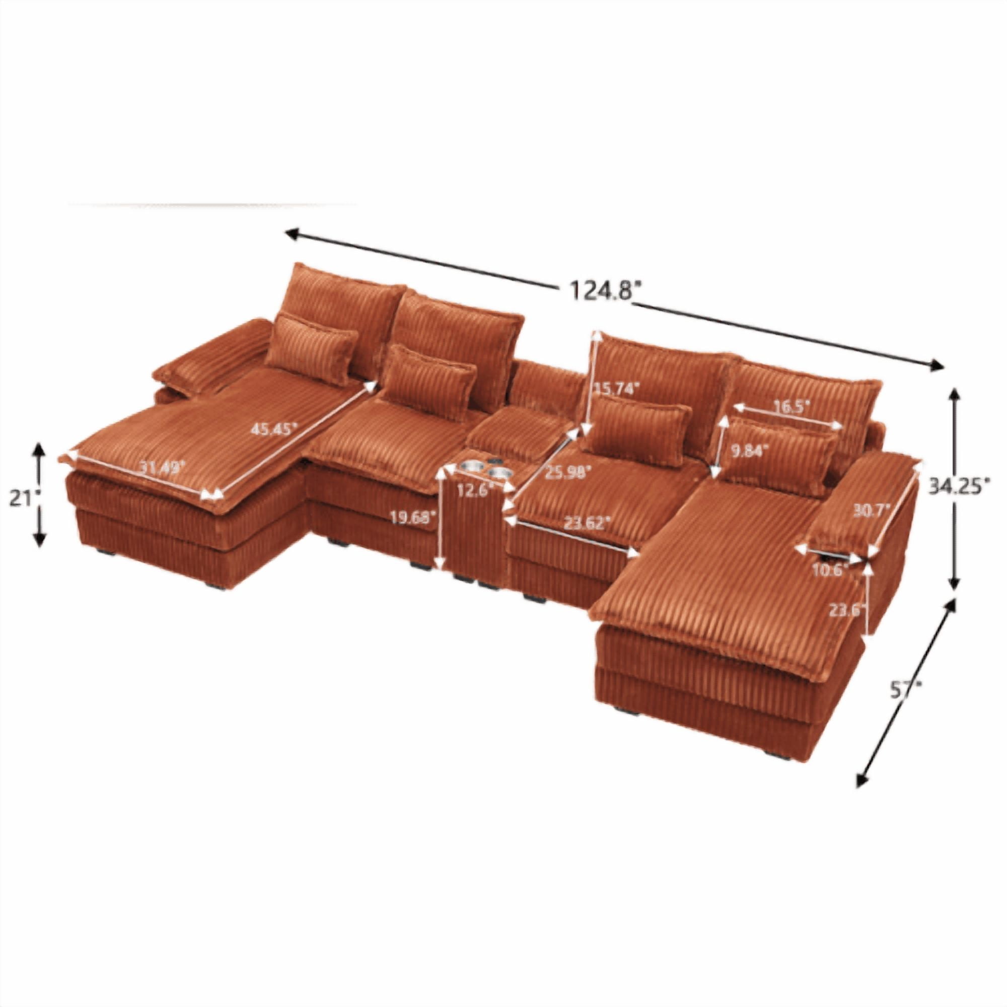 Howcool 124" U Shaped Cloud Couch Modular Sectional Couches for Living Room, Comfy Fluffy Corduroy Oversized Cloud Sectional Couch Large 6 Seat Sectionals Sofa Set Central Console USB Port,Orange