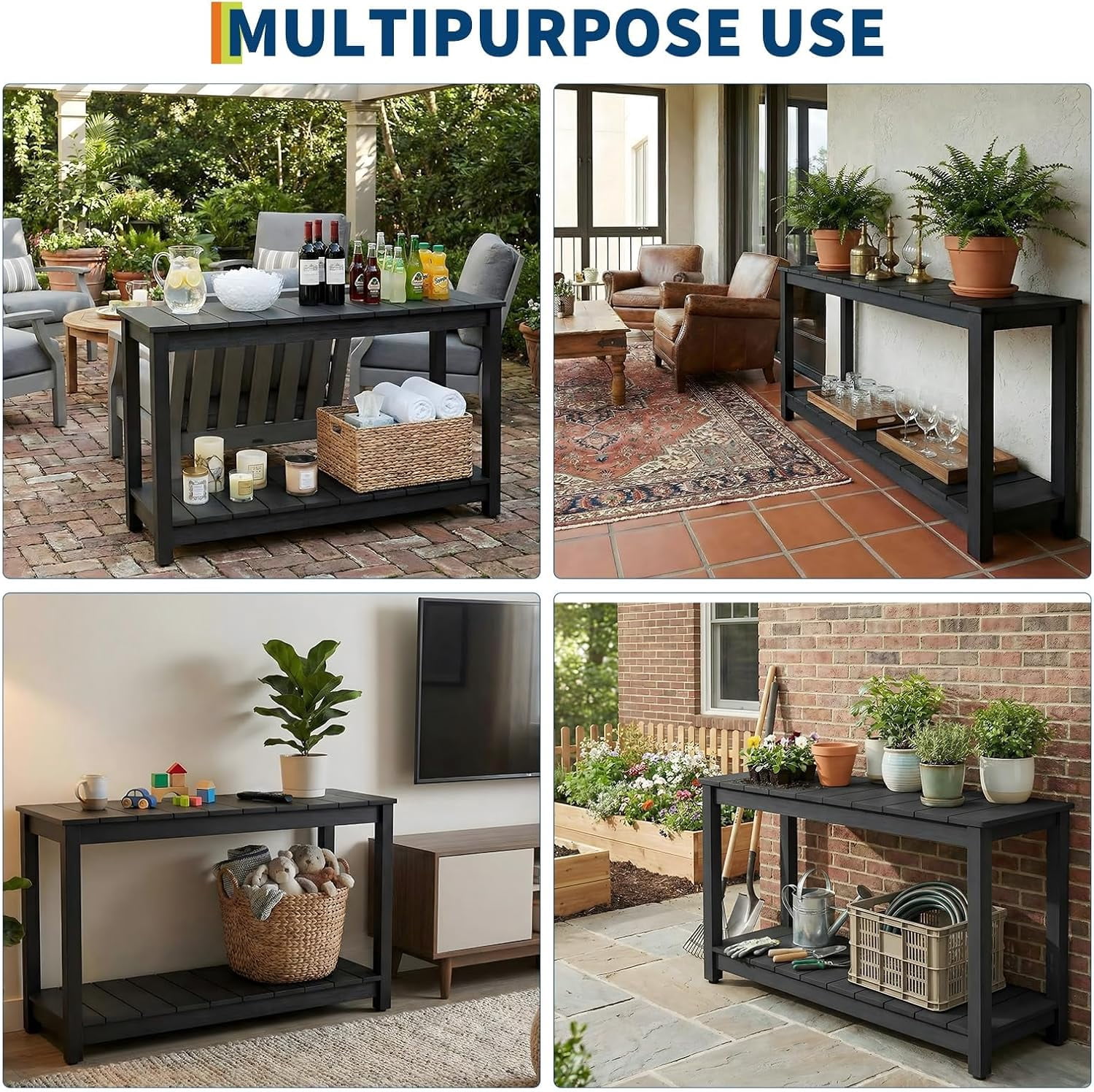 Senfot 48 Inch 2-Shelf Console Table, Indoor Outdoor Wooden Storage Entryway Side Table Black