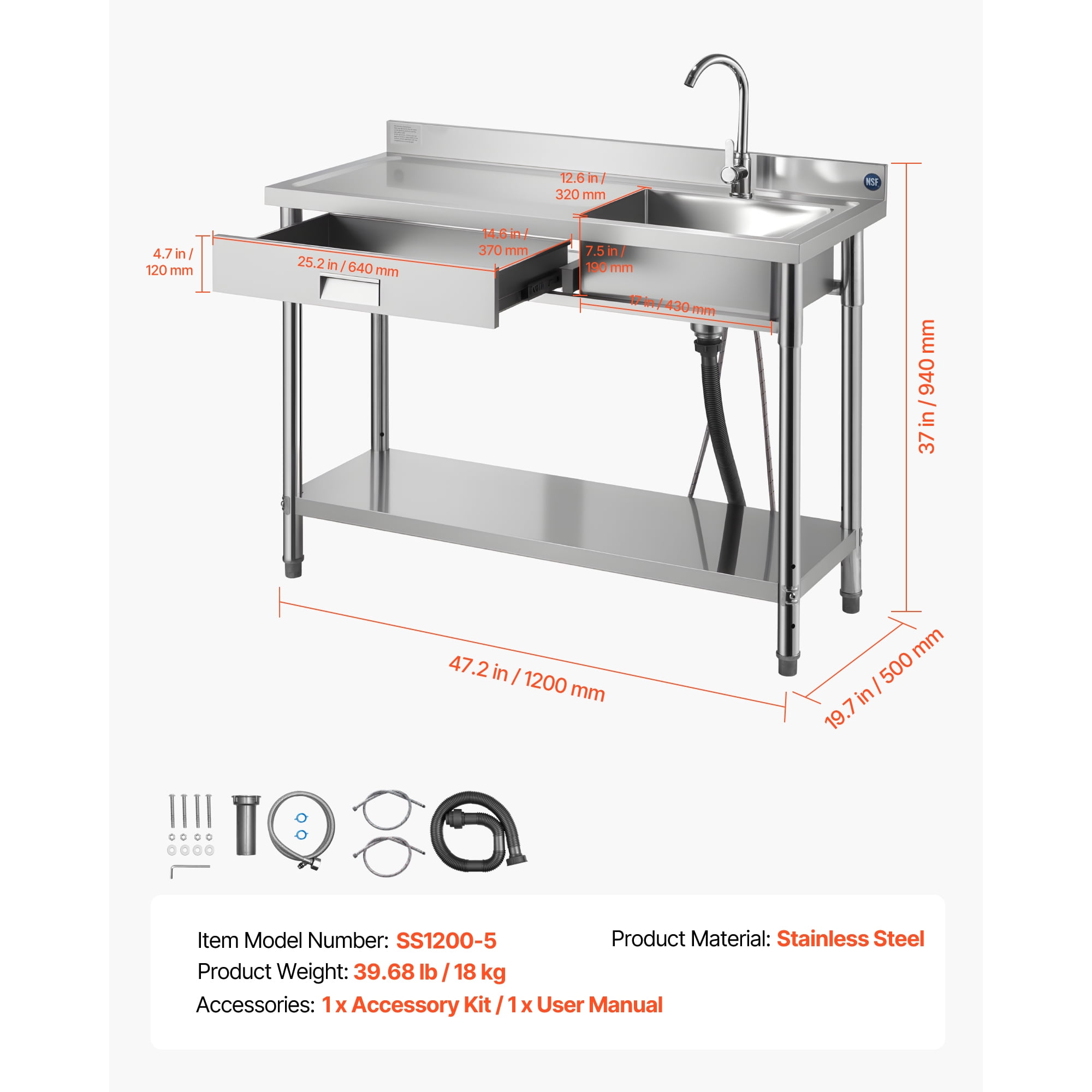 KFFKFF NSF-Certified Stainless Steel Utility Sink with 360° Rotating Faucet, Drawer, and Adjustable Storage Rack, 47 x 20 x 37 in.