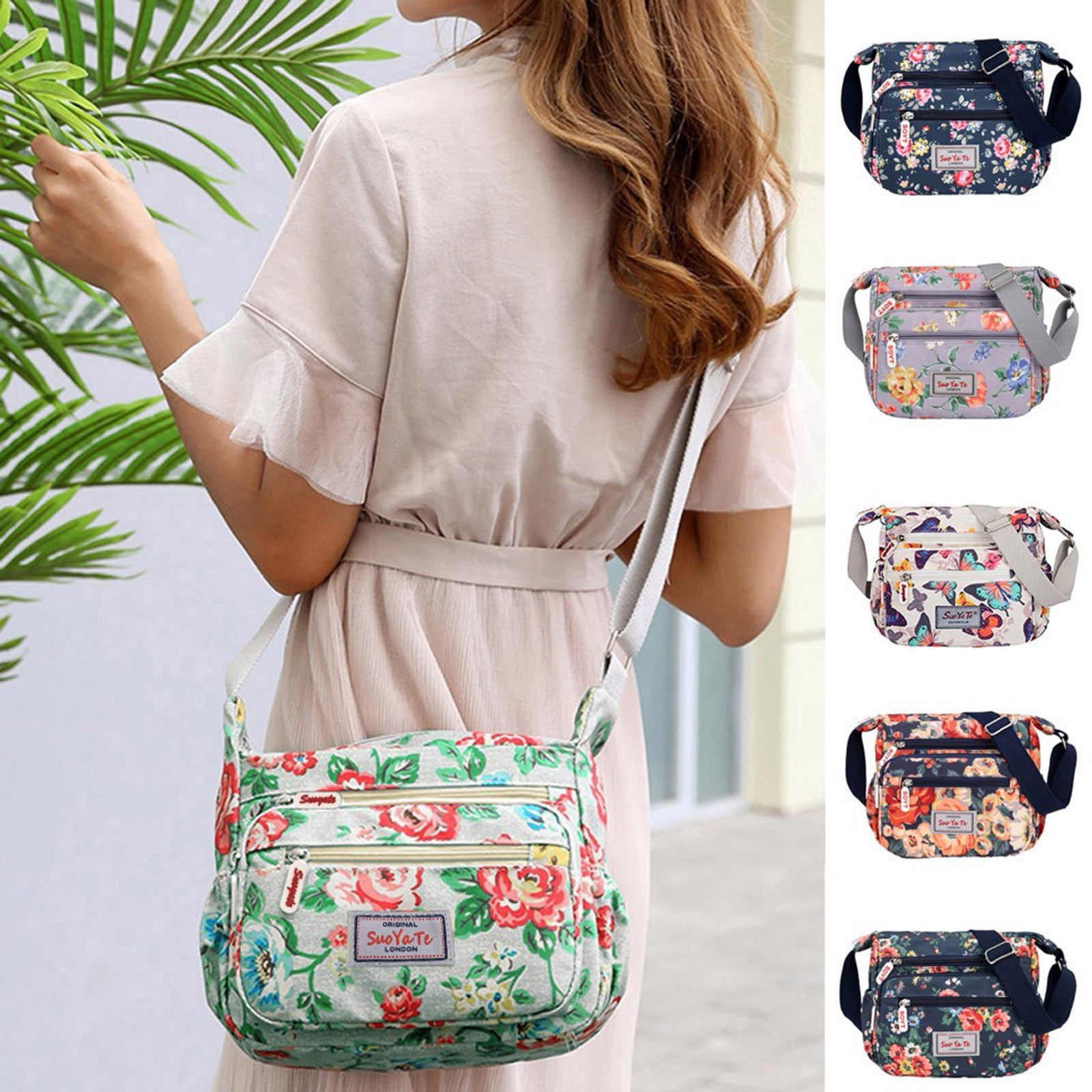 Crossbody Bags for Women Nylon Shoulder Bag with Floral Printed Multi-Pocket Purses and Handbags Large Capacity with Adjustable Strap Blue