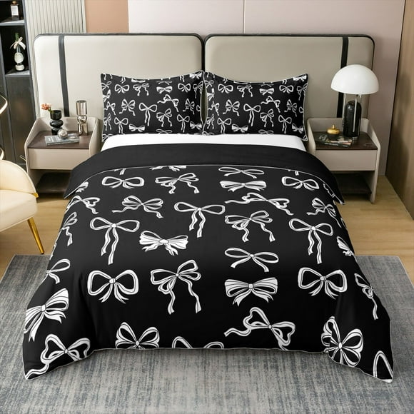 Erosebridal Fashion Ribbon 100% Cotton Comforter Cover Queen, Black White Bedding Queen Size, Cartoon Bowknot Reversible Bed Cover, Ultra Soft Room Decoration, 3-Piece（No Comforter）