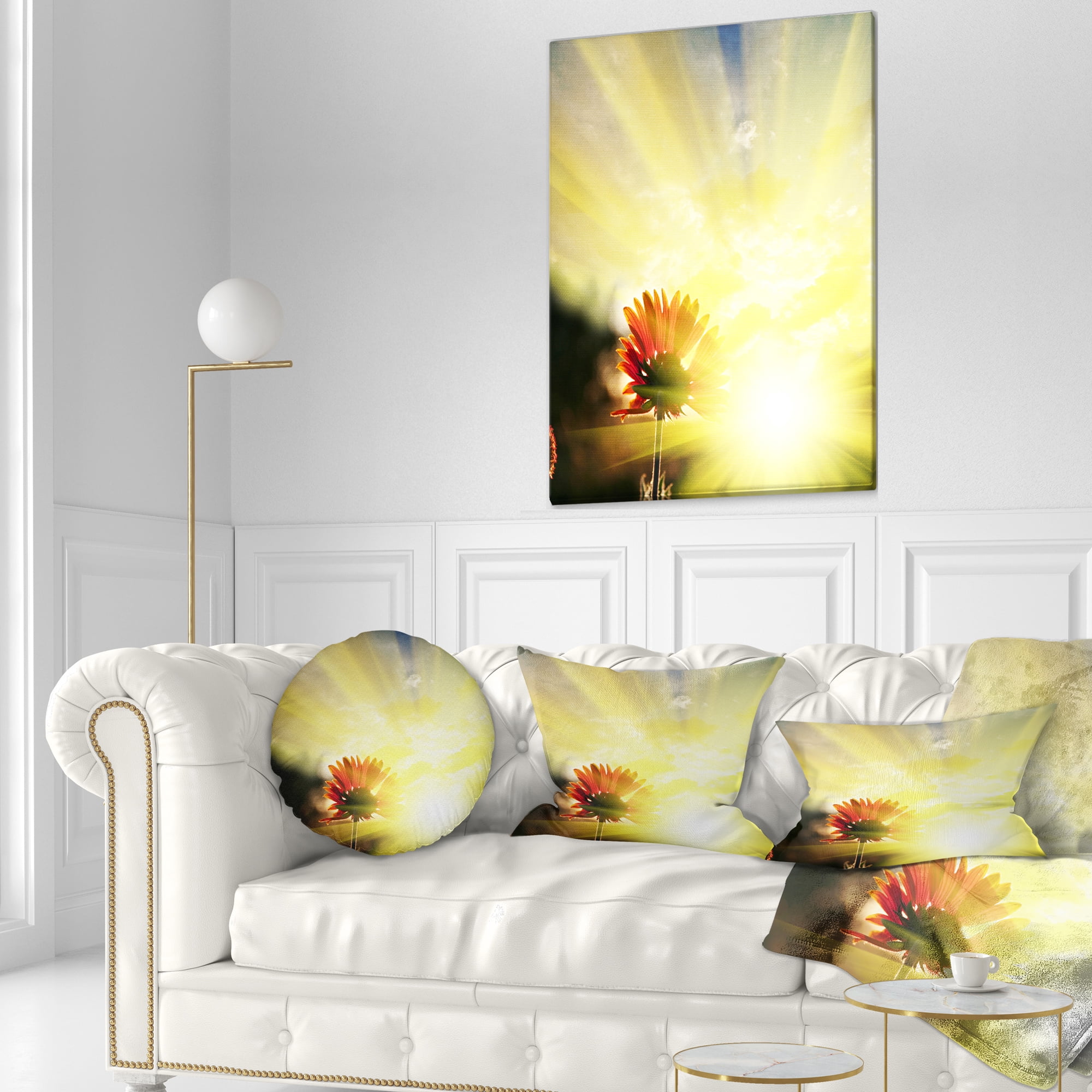 Designart Flower Against Bright Yellow Sunset - Floral Throw Pillow - 12x20
