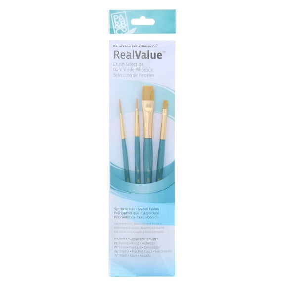 Princeton Brush Real Value 4-Brush Golden Taklon Brush Set, Round 3, Liner 1, Shader 4, Wash 1/2