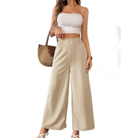 Women'S Elastic Smocked Waist Pants Straight Leg High Rise Long Trousers Apricot S