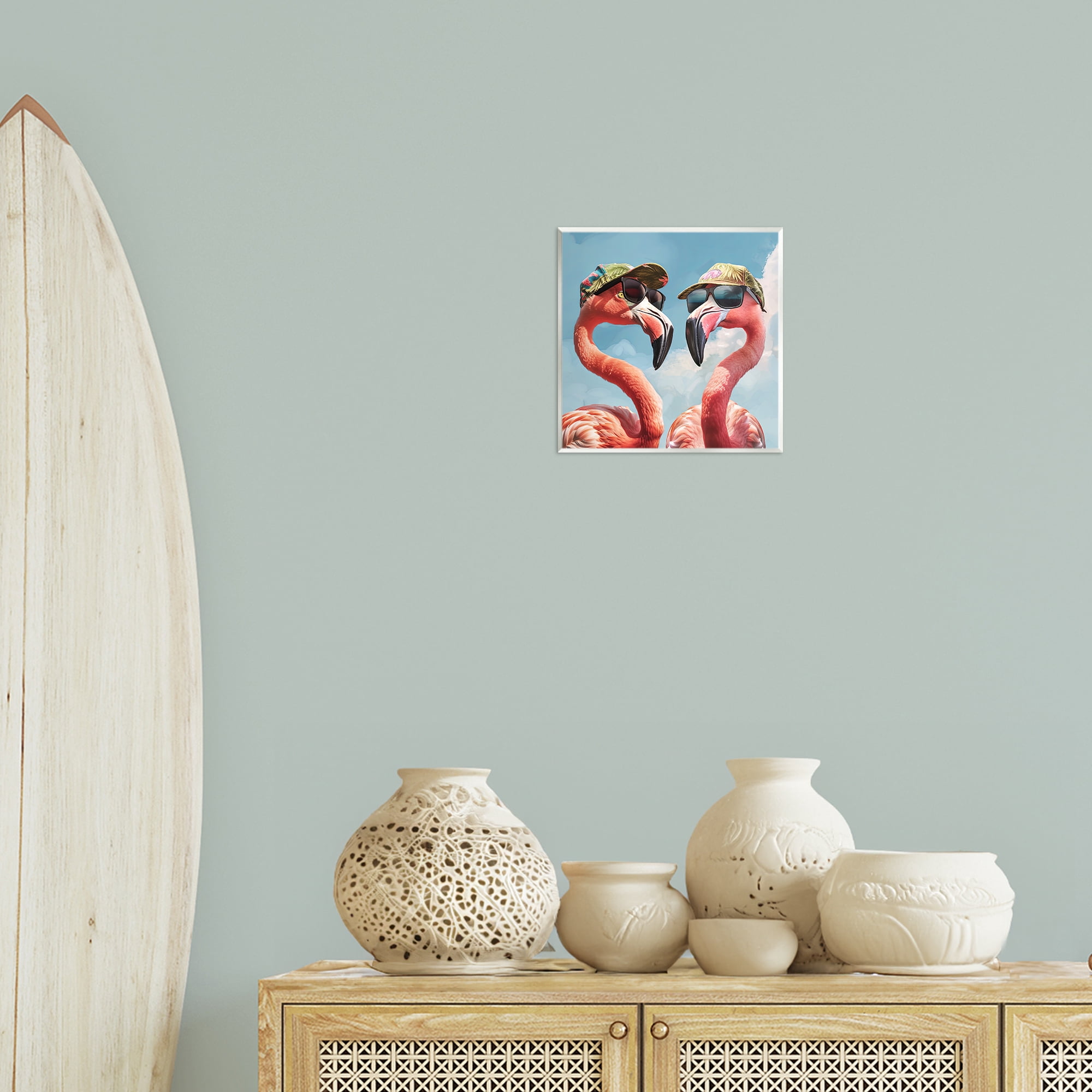 Stupell Industries Flamingos with Tropical Hats Animals Painting Unframed Art Print Wall Art, 12 x 12