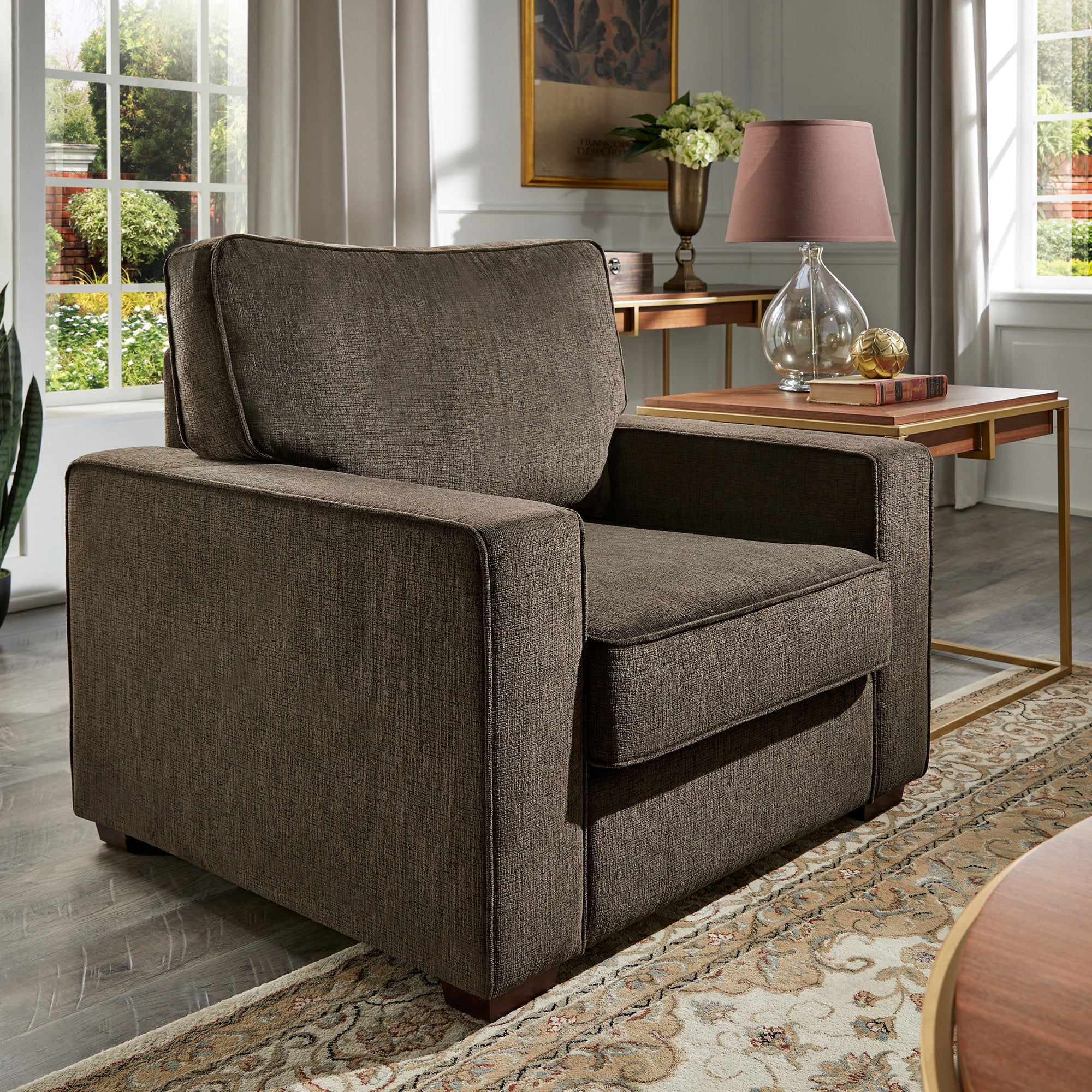 Weston Home Svolvar Modern Fabric Upholstered Square Arm Chair, Brown Chenille Fabric