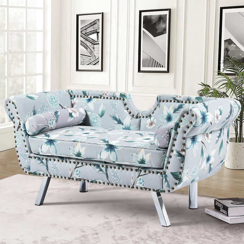 Flower Accent Loveseat, Velvet Loveseat with 2 Pillows, MidCentury