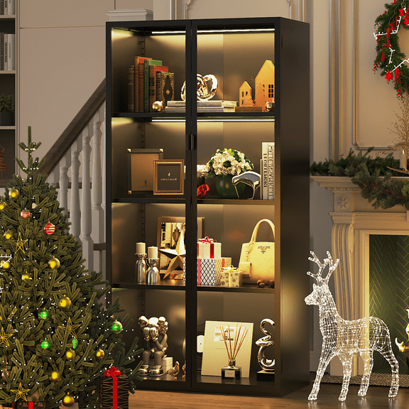Display Cabinet with Glass Doors,Tall Glass Display Cabinet with LED Lights,Display Cabinets for Collectibles with 3 Adjustable Shelves for Living Room,Bedroom,Office Assemble Required
