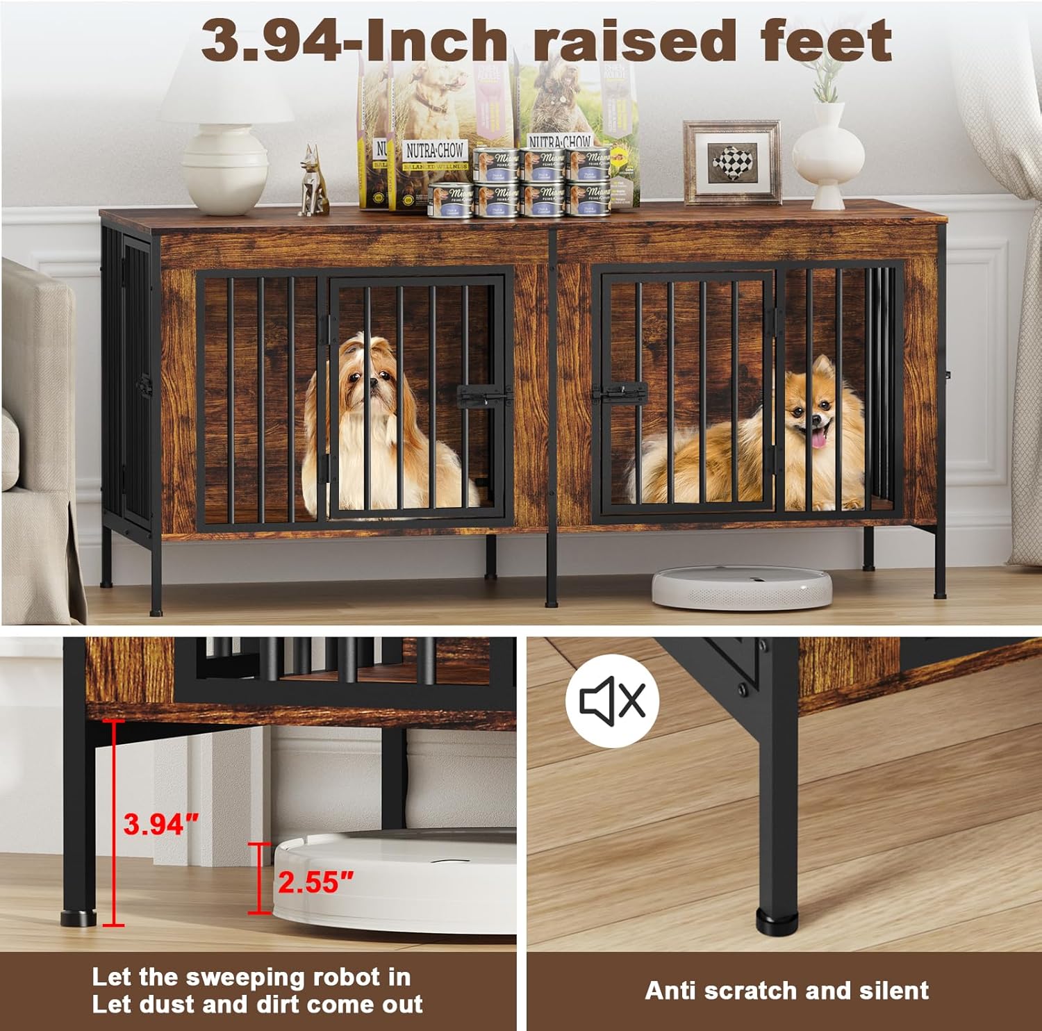 POAO 55.12" L Dog Crate Furniture for 2 Dogs, Heavy Duty Double Dog Crates for Small Dogs(0-20 Pounds), Dog Kennel Furniture Indoor as TV Stand,Brown