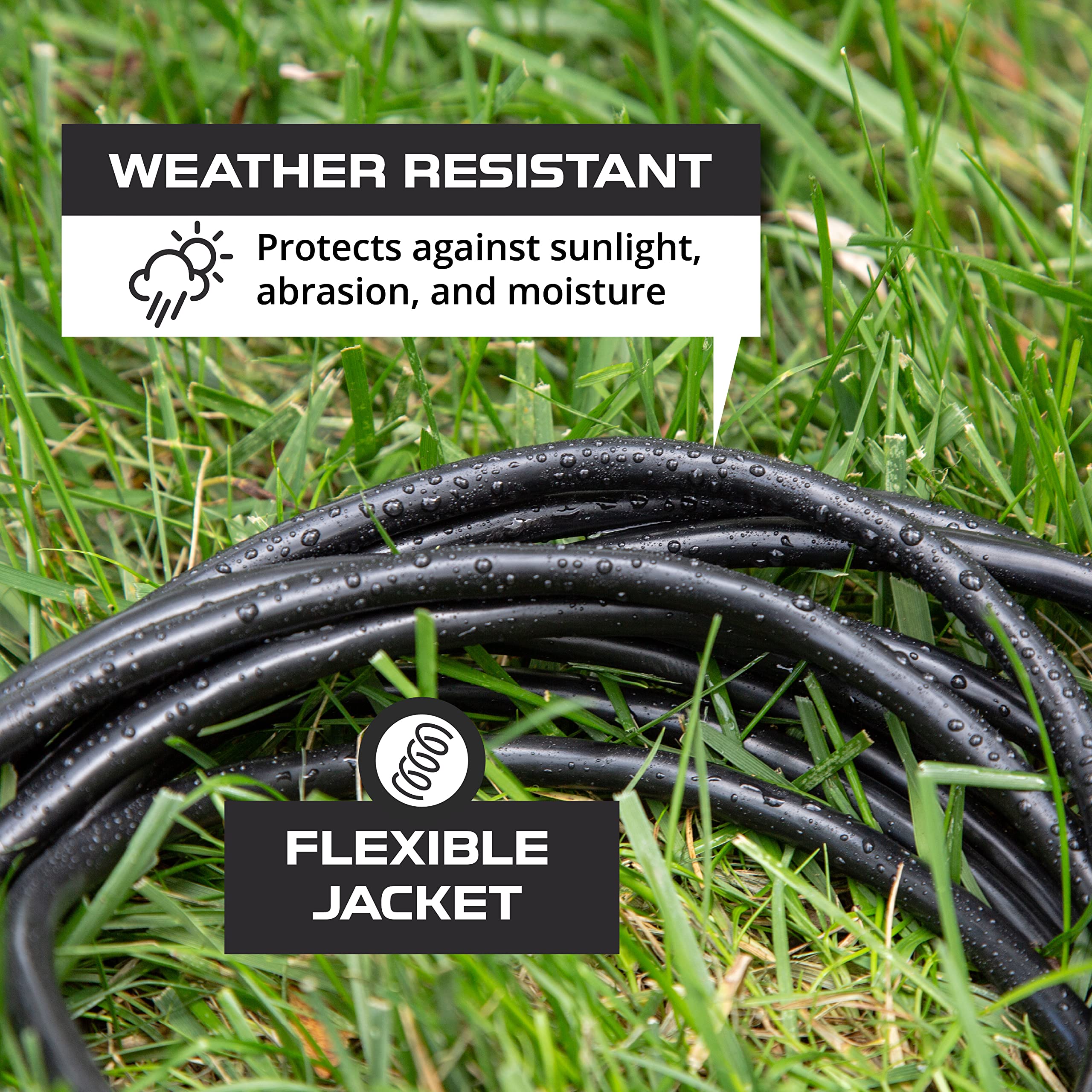 Iron Forge Cable 100 Ft Flag Plug Black Extension Cord, 16/3, 100 Foot Extension Cord with Right Angled Plug, 3 Prong, Weatherproof - Lighted End