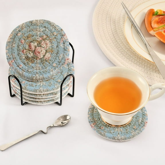 YAZAOO 6Pcs Drink Coasters With Holder 3.94Inch Charming Rose Garden Wallpaper Creative Coil Coaster Coasters Colors Absorbent Coasters for Drinks Coasters Set Thicken Heat for Home Table