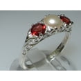 thumbnail image 2 of LBG British Made Luxury 925 Solid Sterling Silver Natural Garnet and Cultured Pearl Trilogy Ring, 2 of 7