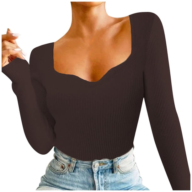 Gibobby Sudadera con estampado de Navidad para mujer Suéter de punto con cuello en V de color sólido para mujer Suéter de cuello con fondo (Café, L)