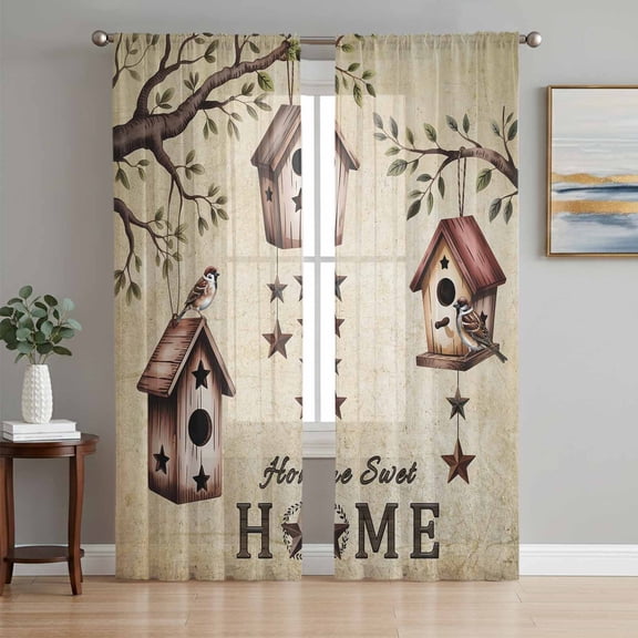 Sweet Home Sheer Curtains 84 Inch Length 2 Panels Set Window Treatments, Western Stars Bird Houses Country Vintage Rod Pocket Semi Curtains for Living Room/Bedroom/Kitchen Décor, 104"W x 84"L