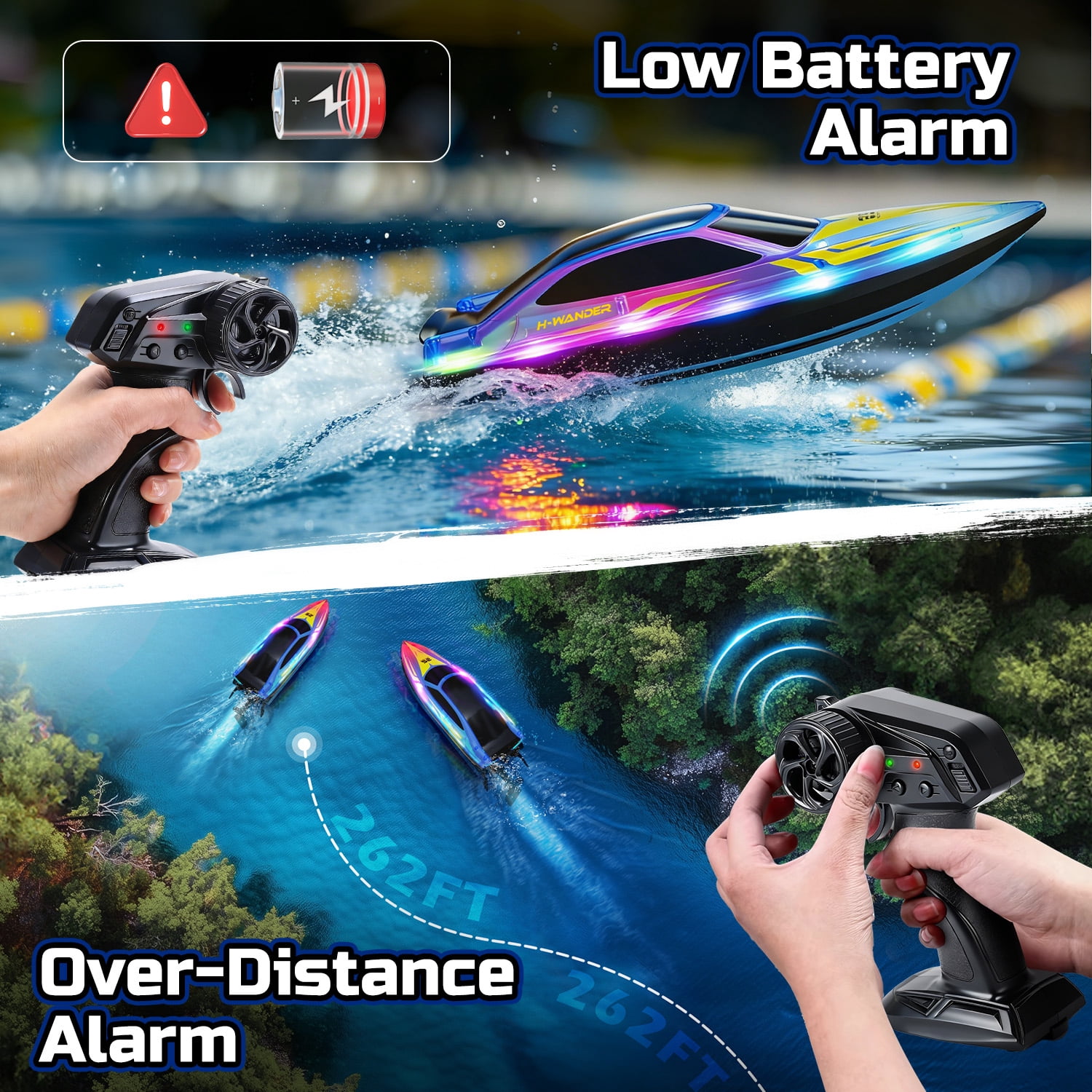 JoyStone 10 Inch RC Boat with 7-Mode Colorful LED Lights, 3 Speed Modes, 2 Batteries 60Mins, Pool Toys for Adults & Kids