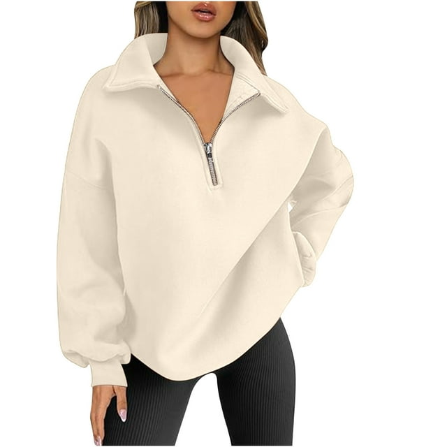 Timegard Quarter Zip Pullover Women Stand Collar Drop Shoulder Sweatshirts Fall Winter Solid Color Tops