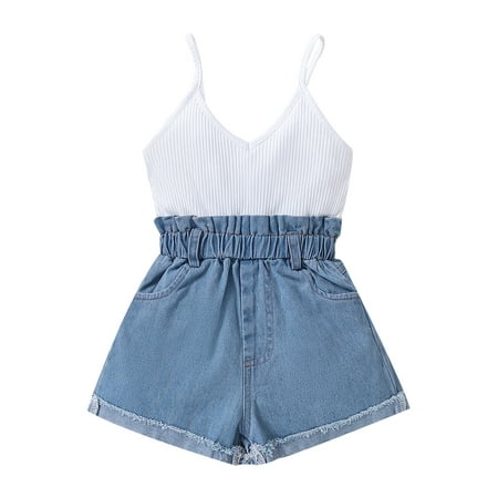 

Calsunbaby Toddlers Baby Girl Summer Sleeveless Romper Infants Ribbed V-neck Tops Stitching Denim Bottom Sling Bodysuit Jumpsuit
