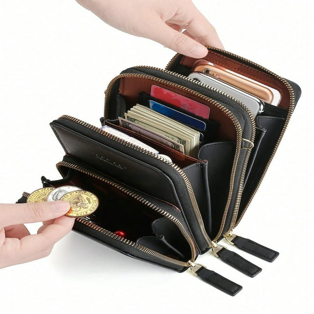 JUNWELL 1pc Women‘s Large Capacity Zipper Phone Wallet Fashionable Casual Three-Layer Touchable Clear Screen Window Mobile Phone Bag With Multi-Functional Crossbody Strap Ideal Gift For