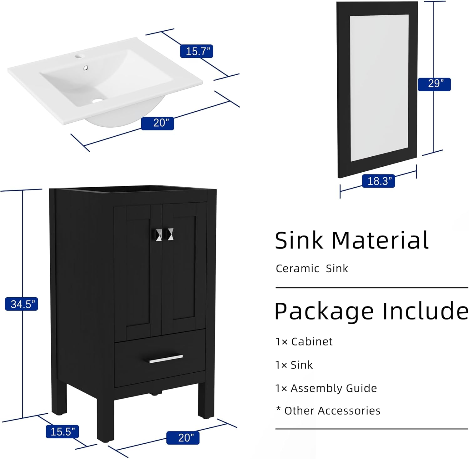 Goodyo 20 inch Bathroom Vanity Sink Combo, Black Bathroom Cabinet with White Sink Top, Black Water-Grain Ripple Pattern