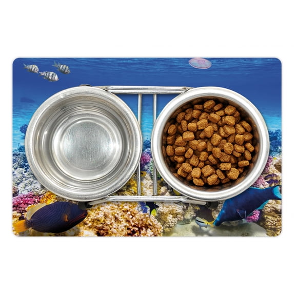 Fish Pet Mat for Food and Water, Underwater Sea World Scene Goldfish Starfish and Jellyfish Depth Diving Concept, Non-Slip Rubber Mat for Dogs and Cats, 18" X 12", by Ambesonne