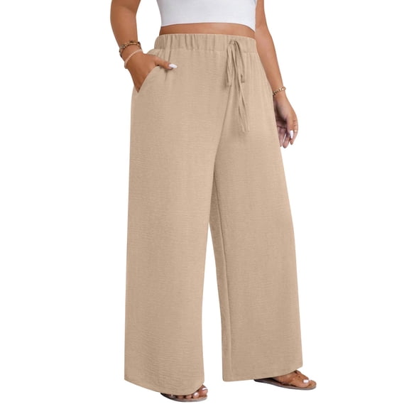 LWavelet 2026 Womens Pants Wide Leg High Waisted Adjustable Drawstring Trousers with Pockets Casual Lightweight Khaki L