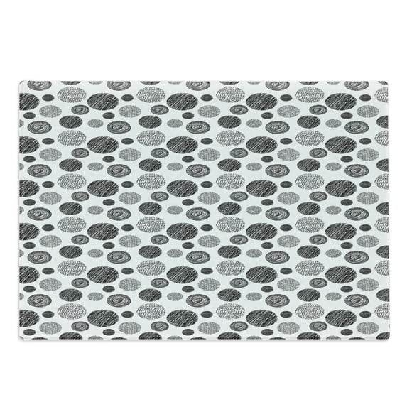 Abstract Cutting Board, Hand Drawn Circular Doodle Lines Dots Swirls Pattern Monochrome Simplistic Design, Decorative Tempered Glass Cutting and Serving Board, Large Size, Black White, by Ambesonne