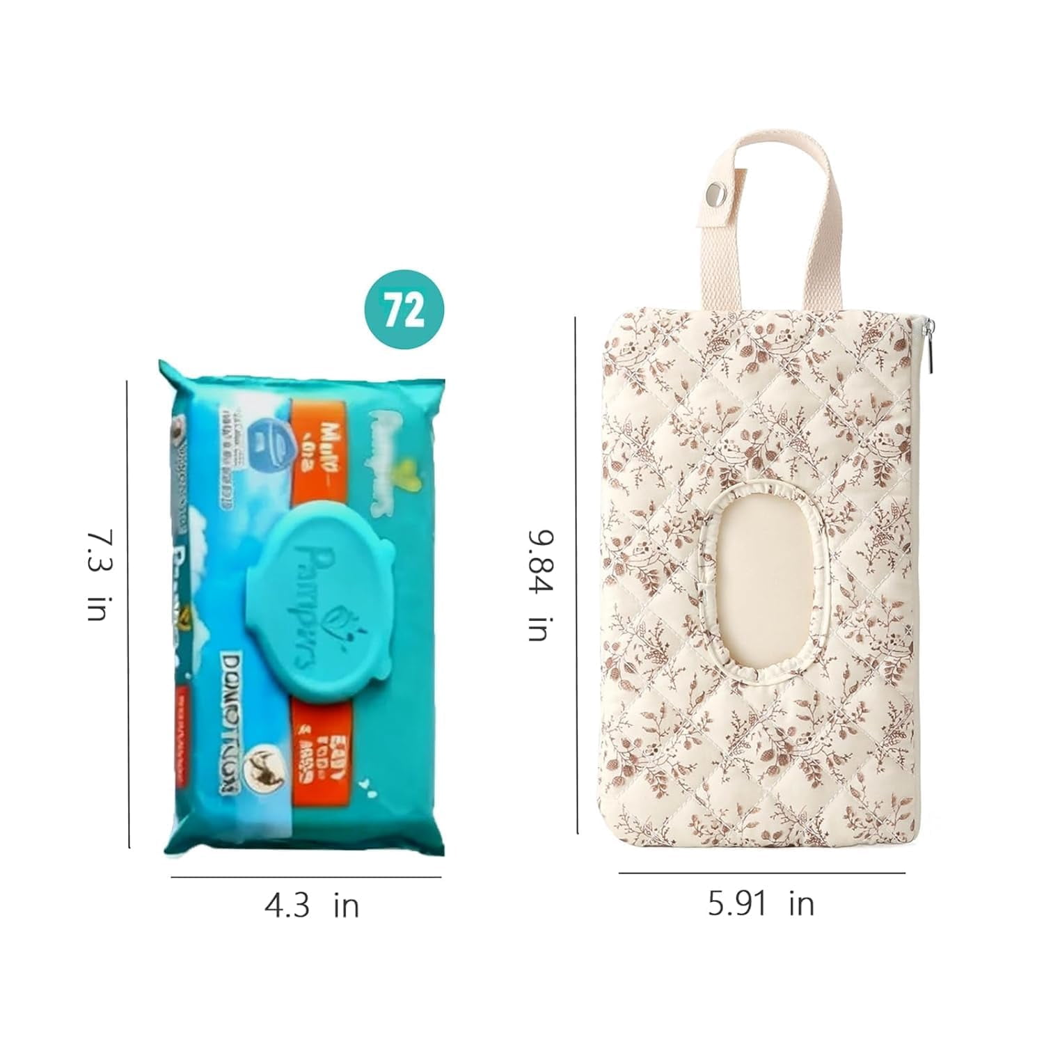 Quilted Diaper Wipes Pouch Reusable Zipper Lanyard Hanging Case for Travel Car StrollerBeige