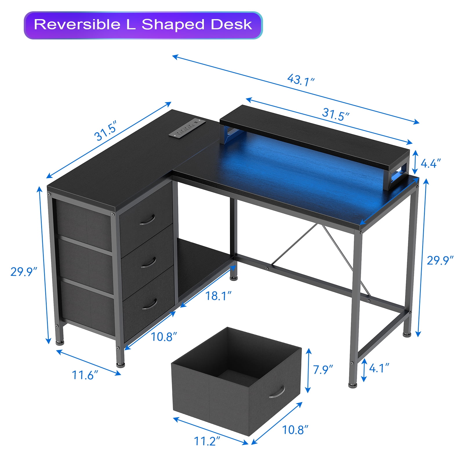 ChaoLink Reversible L - Shaped Desk: Comes with Power Outlet, LED Lights, and Monitor Stand, Perfect for Study, Writing, and Gaming (White)