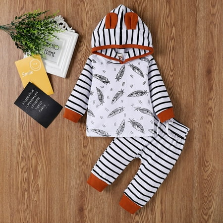 

Augper Baby Girl Clothes Long Sleeve Fall Winter Clearance Infant Baby Girls Long Sleeve Cartoon Hooded Stripe Tops+Stripe Pants Set Clothe
