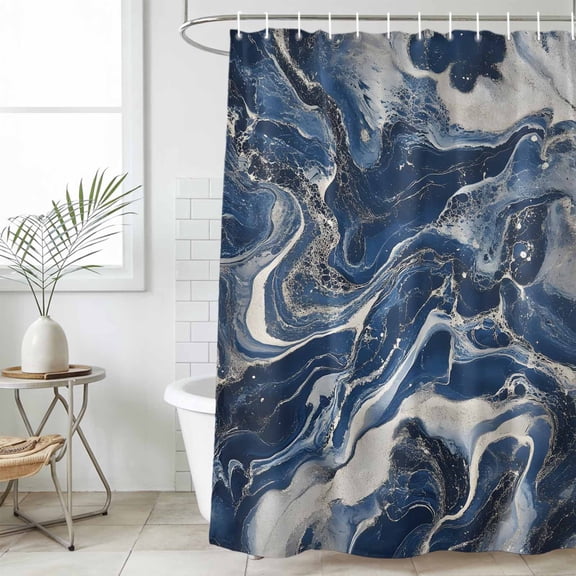Retro Navy Blue White Waterproof Fabric Shower Curtain, Marble Abstract Art Waterproof Fabric Shower Curtain for Bathroom Curtains Bathtubs Hotel Washable Shower Curtains with 12 Hooks Small 36x72in