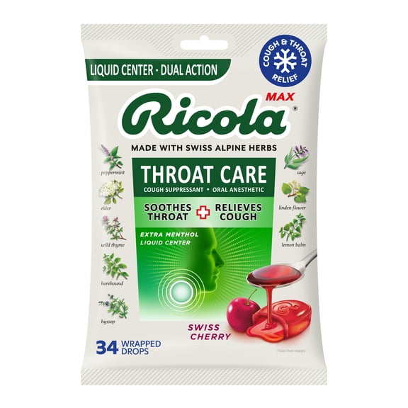 Ricola Max Throat Care Swiss Cherry Cough Drops for Sore Throat Cough Relief, Value Pack, 34 Count