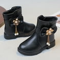 thumbnail image 3 of Girls Snow Boots Sweet Bowknot Fringe Princess Winter Dress Booties Lug Sole Low Heel Warm Furry Lined Zipper Ankle Boots 2 Big Kid Black, 3 of 6