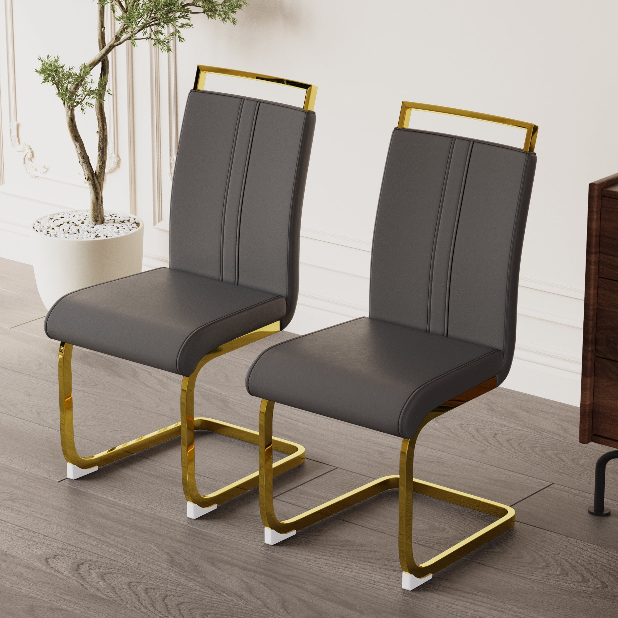 Dining Chairs Set of 4 PU Leather High Back Upholstered Chairs with Gold Metal Legs for Home Kitchen Dining Room Patio, Grey