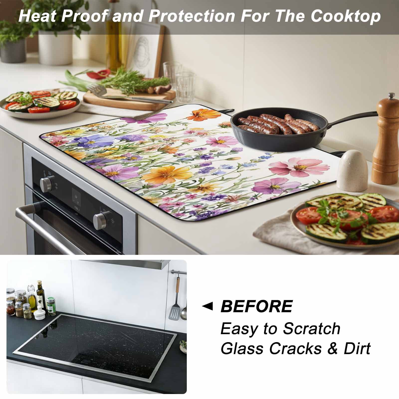 Pink Spring Floral Stove Top Cover for Electric Stove, Heat-proof & Non Slip Glass Top Stove Cover Protector, Pastoral Botanical Watercolor Flowers Kitchen Flat Cooktop Rubber Mat 24x21 Inches