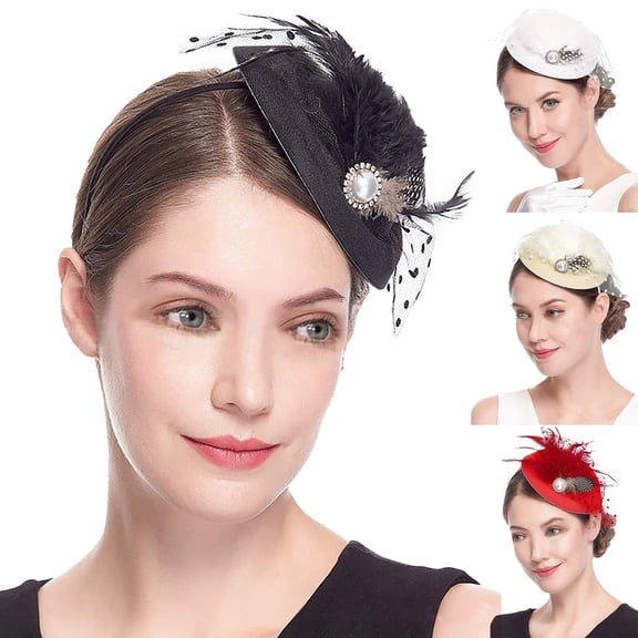 WHEANG Fashion Vintage Fascinators Hats for Women Tea Party Elegant Veil Feather Derby Hat for Women Mesh Hair Clip Wedding Cocktail Church Hairpin Headwear(Color White One Size)