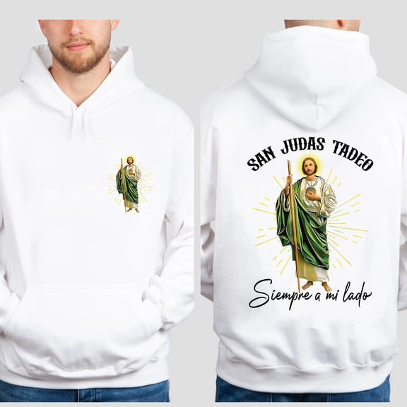 San Judas Tadeo Siempre a Mi Lado Hoodie – Double Sided Spanish Christian Pullover, Jesus Always by My Side Graphic Hoodie, Unisex Cotton Faith Based Apparel Gift for Men and Women