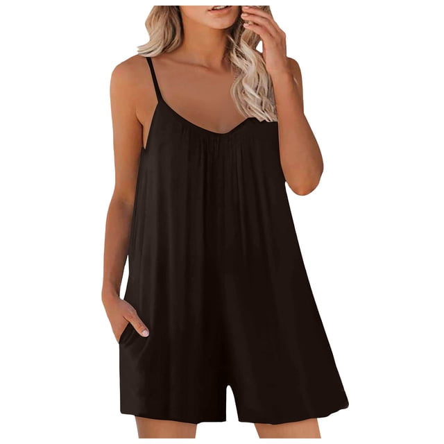 TrendOFT Combinaison d'Été pour Femmes Décontractée Sans Manches Shorts Unis à Bretelles Combinaisons une Pièce Salopettes Café S